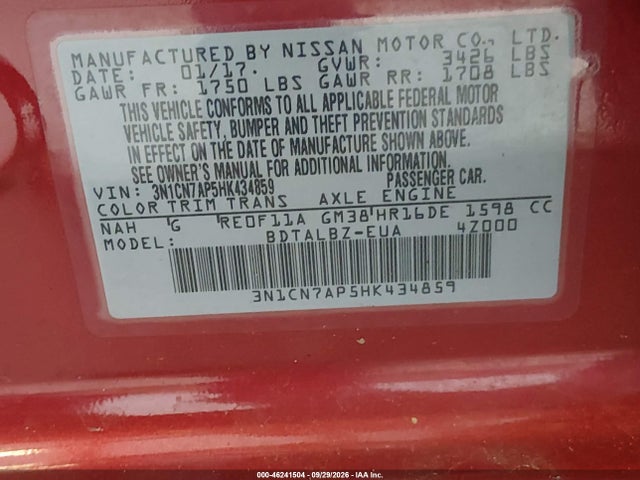 3N1CN7AP5HK434859 Nissan Versa 1.6 Sv
