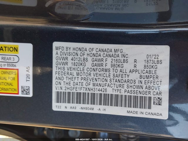 Aukcja sprzedaży 2022 Honda Civic Ex, vin: 2HGFE1F7XNH314426, numer aukcji: 46241507