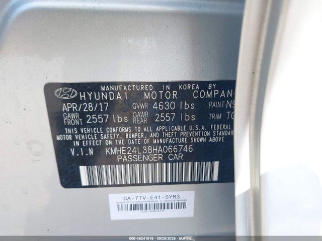 Продажа на аукционе авто 2017 Hyundai Sonata Hybrid Se, vin: KMHE24L38HA066746, номер лота: 46241516