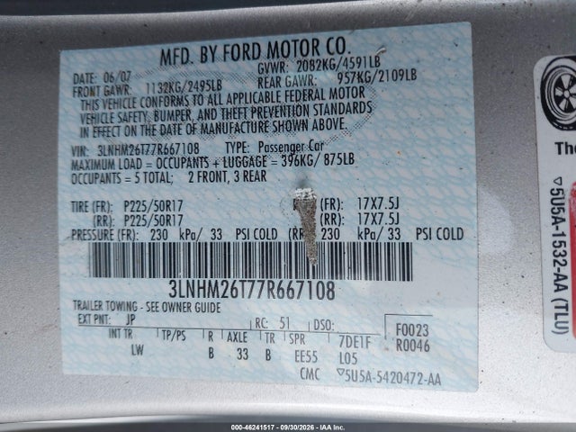 Aukcja sprzedaży 2007 Lincoln Mkz, vin: 3LNHM26T77R667108, numer aukcji: 46241517