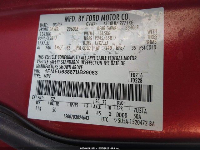 Aukcja sprzedaży 2007 Ford Explorer Xlt, vin: 1FMEU63887UB29083, numer aukcji: 46241521