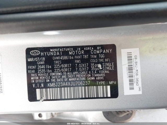 Продаж на аукціоні авто 2018 Hyundai Tucson Se, vin: KM8J23A4XJU706237, номер лоту: 46241531