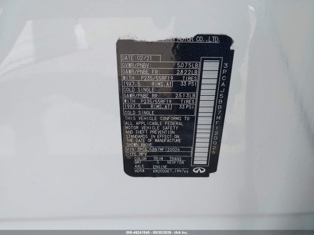Продажа на аукционе авто 2021 Infiniti Qx50 Luxe Awd, vin: 3PCAJ5BB7MF120026, номер лота: 46241548