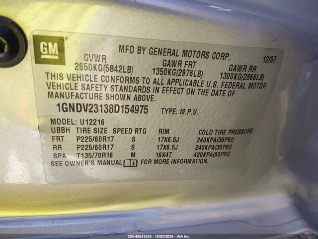 46241549 :رقم المزاد ، 1GNDV23138D154975 vin ، 2008 Chevrolet Uplander Ls مزاد بيع
