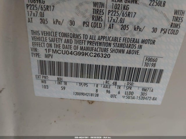 46241561 :رقم المزاد ، 1FMCU04G99KC26320 vin ، 2009 Ford Escape Limited مزاد بيع