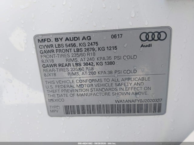 WA1ANAFY0J2020337 Audi Q5 2.0t Premium/2.0t Tech Premium