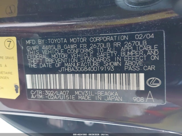 Продажа на аукционе авто 2004 Lexus Es 330, vin: JTHBA30G840019193, номер лота: 46241565
