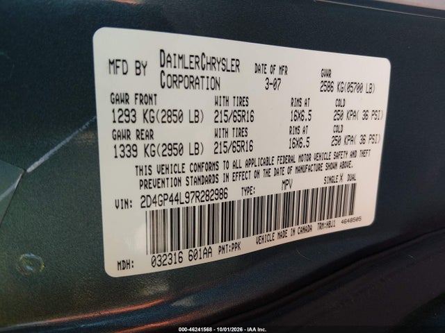 Продаж на аукціоні авто 2007 Dodge Grand Caravan Sxt, vin: 2D4GP44L97R282986, номер лоту: 46241568