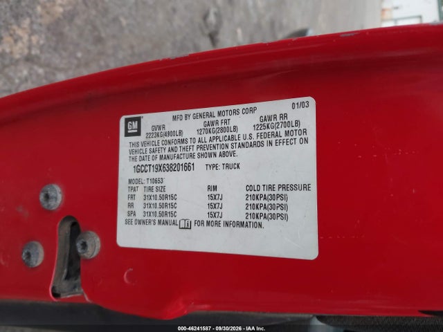 2003 Chevrolet S-10 Ls მანქანა იყიდება აუქციონზე, vin: 1GCCT19X638201661, აუქციონის ნომერი: 46241587