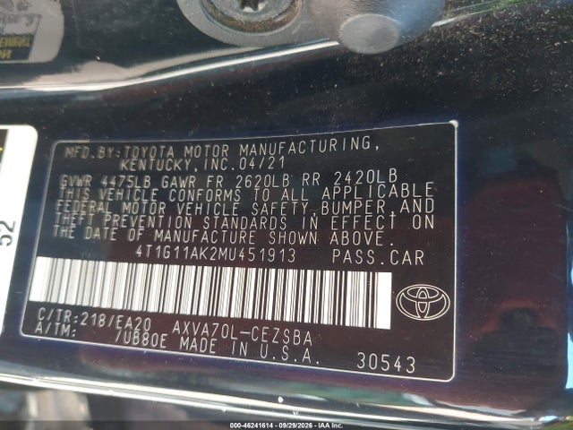 2021 Toyota Camry Se მანქანა იყიდება აუქციონზე, vin: 4T1G11AK2MU451913, აუქციონის ნომერი: 46241614