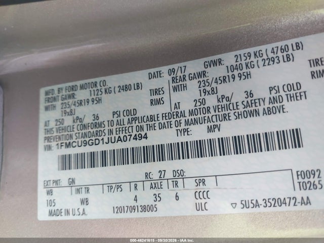 46241615 :رقم المزاد ، 1FMCU9GD1JUA07494 vin ، 2018 Ford Escape Se مزاد بيع