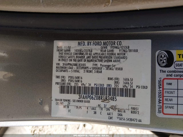2008 Ford Fusion S მანქანა იყიდება აუქციონზე, vin: 3FAHP06Z08R183485, აუქციონის ნომერი: 46241618