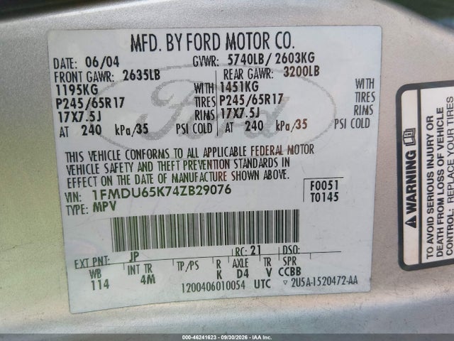 46241623 :رقم المزاد ، 1FMDU65K74ZB29076 vin ، 2004 Ford Explorer Limited مزاد بيع