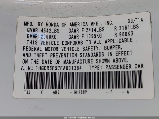2015 Honda Accord Hybrid Ex-l მანქანა იყიდება აუქციონზე, vin: 1HGCR6F57FA001384, აუქციონის ნომერი: 46241632