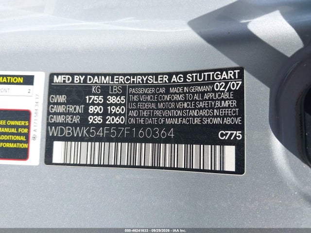 Aukcja sprzedaży 2007 Mercedes-benz Slk-class 3.0l, vin: WDBWK54F57F160364, numer aukcji: 46241633