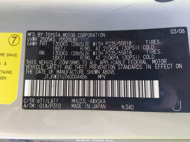 46241637 :رقم المزاد ، JTJGW31U760004486 vin ، 2006 Lexus Rx 400h مزاد بيع