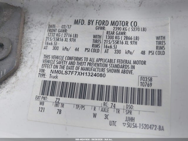 46241638 :رقم المزاد ، NM0LS7F7XH1324080 vin ، 2017 Ford Transit Connect Xlt مزاد بيع