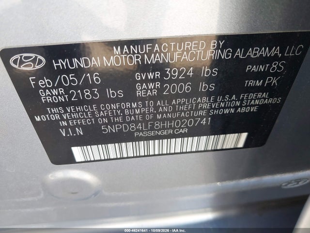 46241641 :رقم المزاد ، 5NPD84LF8HH020741 vin ، 2017 Hyundai Elantra Se مزاد بيع
