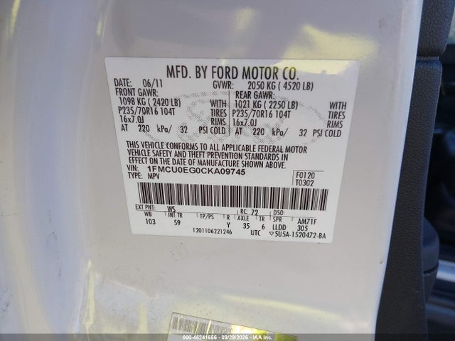 Aukcja sprzedaży 2012 Ford Escape Limited, vin: 1FMCU0EG0CKA09745, numer aukcji: 46241656