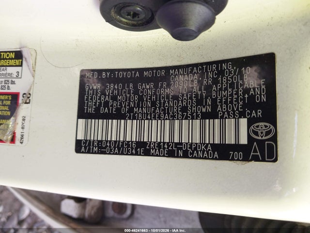 Продаж на аукціоні авто 2010 Toyota Corolla Le, vin: 2T1BU4EE9AC367513, номер лоту: 46241663