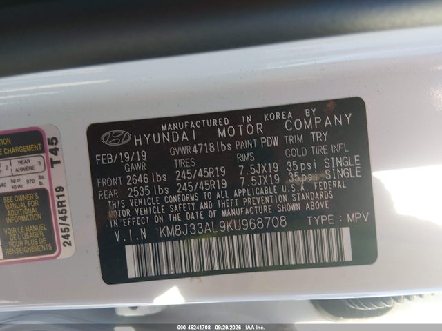 Продаж на аукціоні авто 2019 Hyundai Tucson, vin: KM8J33AL9KU968708, номер лоту: 46241708