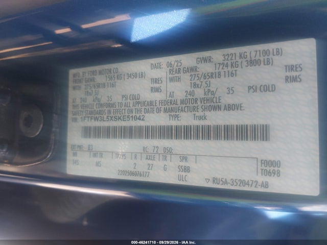 46241710 :رقم المزاد ، 1FTFW3L5XSKE51042 vin ، 2025 Ford F-150 Xlt مزاد بيع