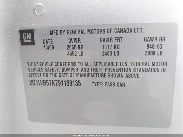 Продаж на аукціоні авто 2009 Chevrolet Impala Ls, vin: 2G1WB57K791189135, номер лоту: 46241715