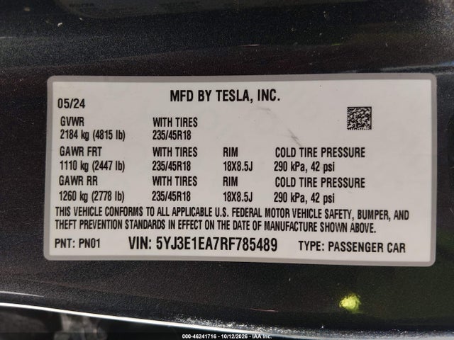 Продаж на аукціоні авто 2024 Tesla Model 3 Long Range Dual Motor All-wheel Drive/rear-wheel Drive, vin: 5YJ3E1EA7RF785489, номер лоту: 46241716