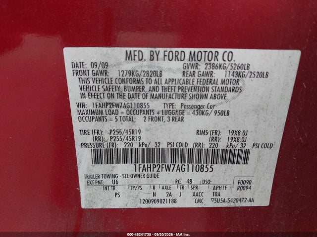2010 Ford Taurus Limited მანქანა იყიდება აუქციონზე, vin: 1FAHP2FW7AG110855, აუქციონის ნომერი: 46241735