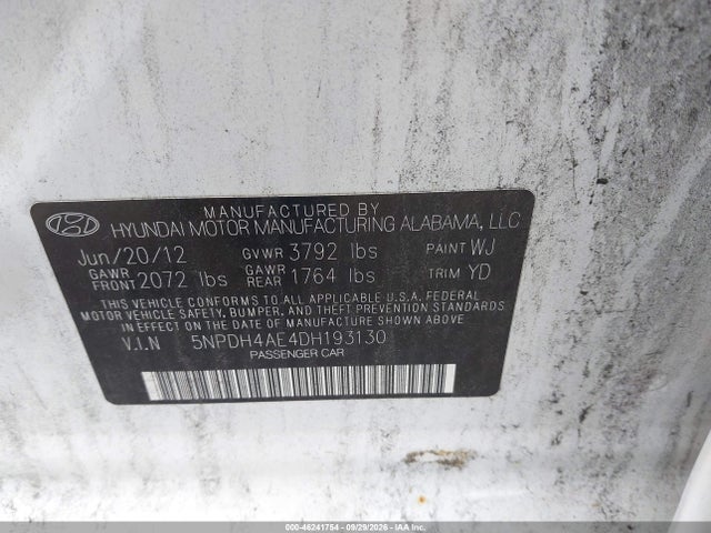 Aukcja sprzedaży 2013 Hyundai Elantra Limited, vin: 5NPDH4AE4DH193130, numer aukcji: 46241754