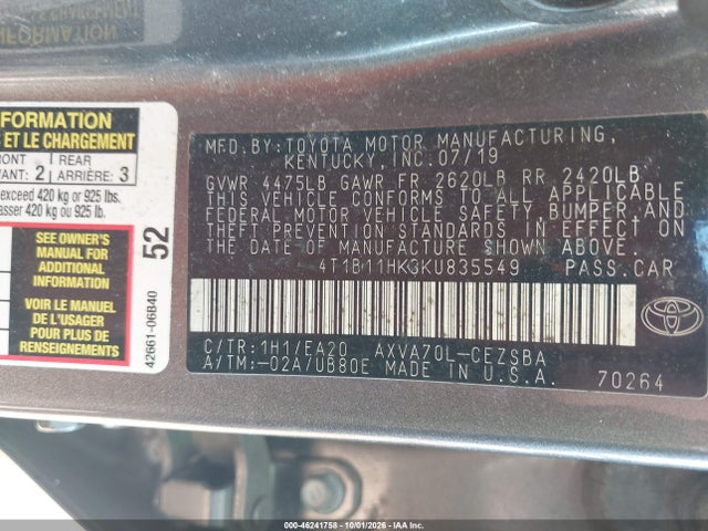 Продажа на аукционе авто 2019 Toyota Camry Se, vin: 4T1B11HK3KU835549, номер лота: 46241758