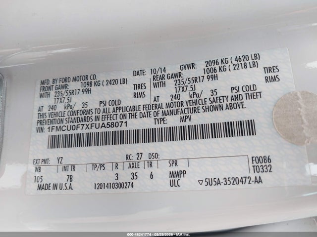 2015 Ford Escape S მანქანა იყიდება აუქციონზე, vin: 1FMCU0F7XFUA58071, აუქციონის ნომერი: 46241774