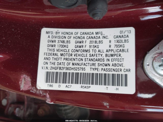 2013 Honda Civic Lx მანქანა იყიდება აუქციონზე, vin: 2HGFB2F56DH525795, აუქციონის ნომერი: 46241776