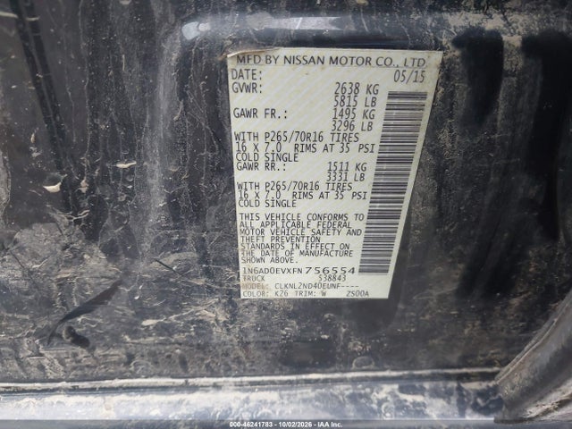 2015 Nissan Frontier Sv მანქანა იყიდება აუქციონზე, vin: 1N6AD0EVXFN756554, აუქციონის ნომერი: 46241783
