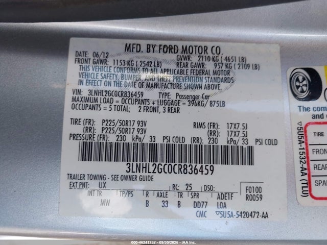 2012 Lincoln Mkz მანქანა იყიდება აუქციონზე, vin: 3LNHL2GC0CR836459, აუქციონის ნომერი: 46241787