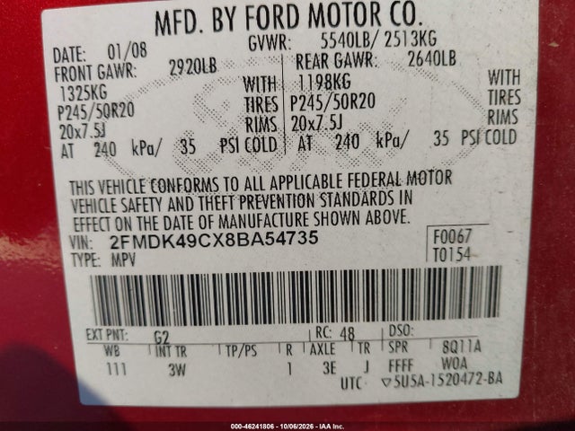 Aukcja sprzedaży 2008 Ford Edge Limited, vin: 2FMDK49CX8BA54735, numer aukcji: 46241806