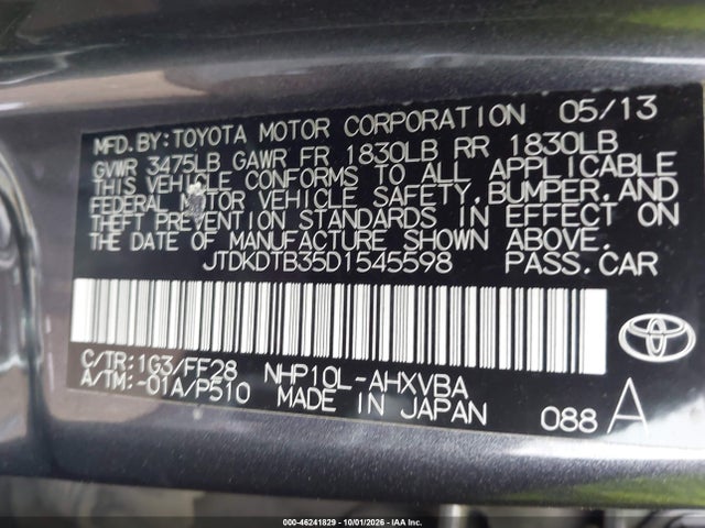 46241829 :رقم المزاد ، JTDKDTB35D1545598 vin ، 2013 Toyota Prius C Two مزاد بيع