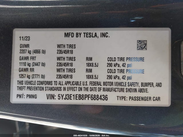 Продаж на аукціоні авто 2023 Tesla Model 3 Long Range Dual Motor All-wheel Drive, vin: 5YJ3E1EB8PF688436, номер лоту: 46241830