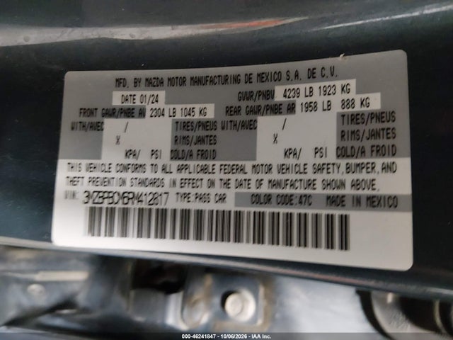 46241847 :رقم المزاد ، 3MZBPBCM6RM412817 vin ، 2024 Mazda Mazda3 2.5 S Carbon Edition مزاد بيع