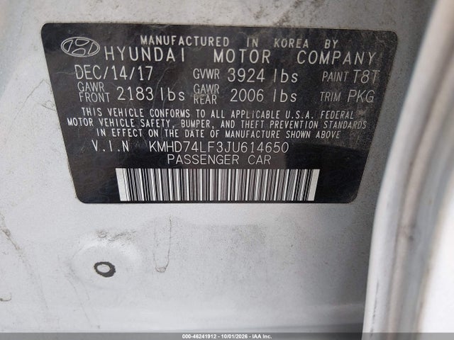 Aukcja sprzedaży 2018 Hyundai Elantra Se, vin: KMHD74LF3JU614650, numer aukcji: 46241912