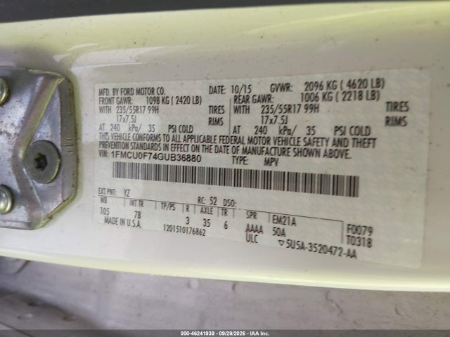 Продаж на аукціоні авто 2016 Ford Escape S, vin: 1FMCU0F74GUB36880, номер лоту: 46241939