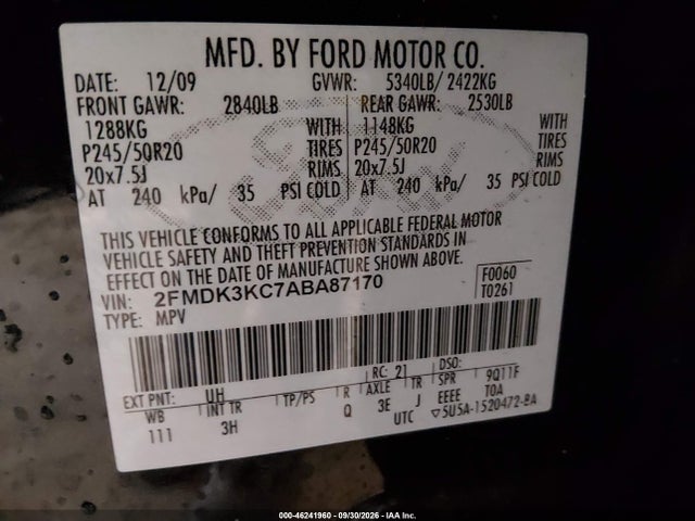 46241960 :رقم المزاد ، 2FMDK3KC7ABA87170 vin ، 2010 Ford Edge Limited مزاد بيع