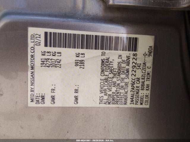 Aukcja sprzedaży 2012 Nissan Altima 2.5 S, vin: 1N4AL2AP6CC229228, numer aukcji: 46241961