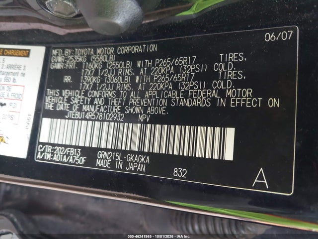 Aukcja sprzedaży 2007 Toyota 4runner Sport V6, vin: JTEBU14R578102932, numer aukcji: 46241965