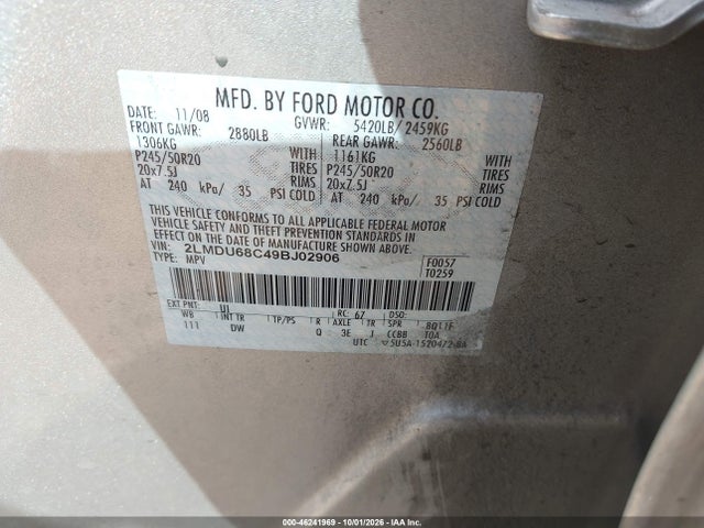 46241969 :رقم المزاد ، 2LMDU68C49BJ02906 vin ، 2009 Lincoln Mkx مزاد بيع