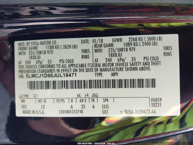 Aukcja sprzedaży 2018 Lincoln Mkc Premiere, vin: 5LMCJ1D90JUL18471, numer aukcji: 46241990