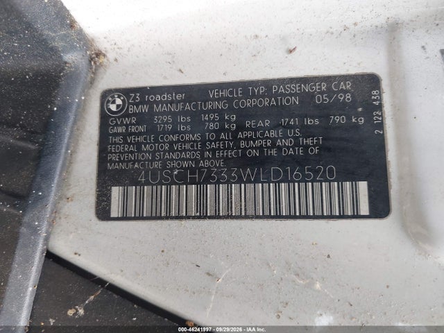 46241997 :رقم المزاد ، 4USCH7333WLD16520 vin ، 1998 Bmw Z3 1.9 مزاد بيع