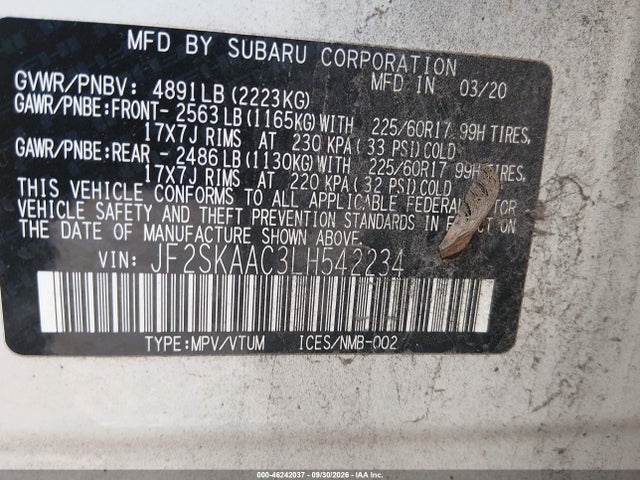 2020 Subaru Forester მანქანა იყიდება აუქციონზე, vin: JF2SKAAC3LH542234, აუქციონის ნომერი: 46242037