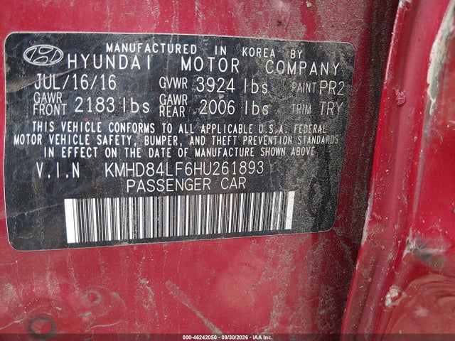 46242050 :رقم المزاد ، KMHD84LF6HU261893 vin ، 2017 Hyundai Elantra Value Edition مزاد بيع