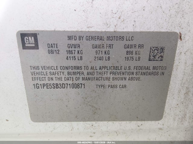 Aukcja sprzedaży 2013 Chevrolet Cruze 2lt Auto, vin: 1G1PE5SB3D7100871, numer aukcji: 46242063
